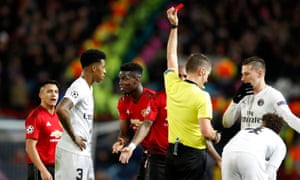 Manchester United’s Paul Pogba is sent off at the end of their 2-0 defeat by PSG