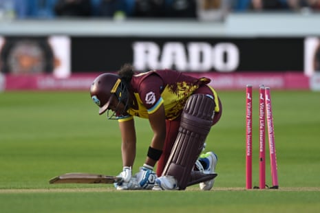 Hayley Matthews is cleaned bowled by Emily Arlott.