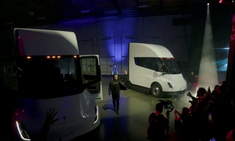 Tesla chief executive, Elon Musk, during an unveiling of the company’s first electric semitrailers.