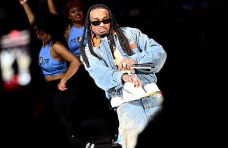 Atlanta rapper Quavo performs during the halftime show of Game 3.