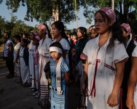 Members of the Karen ethnic group in traditional robes and headscarfs celebrate new year