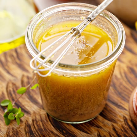 Homemade salad dressing in a glass jar