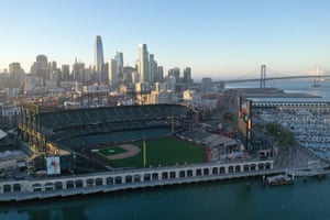 An aerial view of Oracle Park, where the San Francisco Giants play, on March 12, 2020 in San Francisco, California. The NBA, NHL, NCAA and MLB have all announced cancellations or postponements of events because of the COVID-19.
