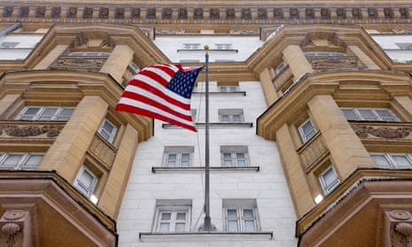 A national flag flown outside the US Embassy on Novinsky Boulevard in Moscow.