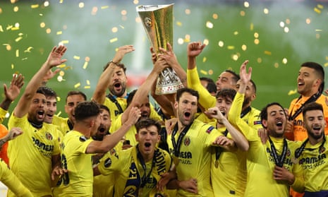 Villarreal’s players lift the trophy after winning the UEFA Europa League final.