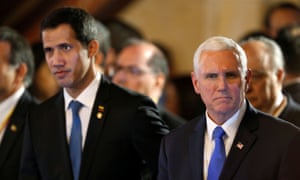 Pence with Juan Guaidó at the summit in Bogota. Pence said: ‘Nicolás Maduro is a usurper with no legitimate claim to power, and Nicolas Maduro must go.’ 3500.jpg?width=300&quality=85&auto=forma