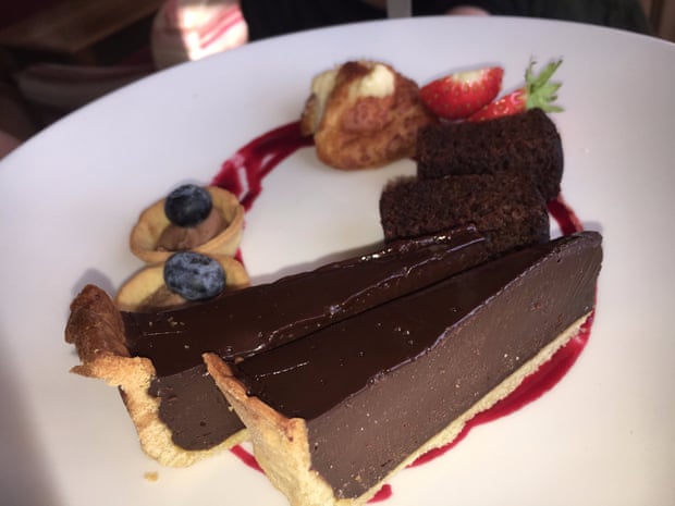 Chocolate tart at The Mullion Cove hotel, Lizard – the loveliest hotel, where I plan to spend retirement.