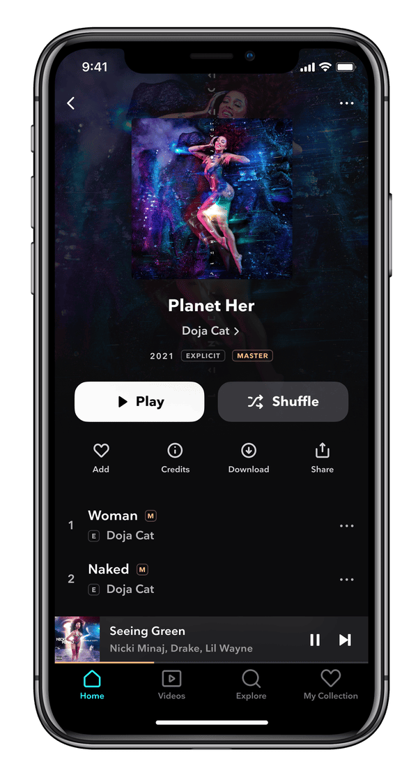 Tidal UI mockup on a smartphone displaying Doja Cat’s album Planet Her