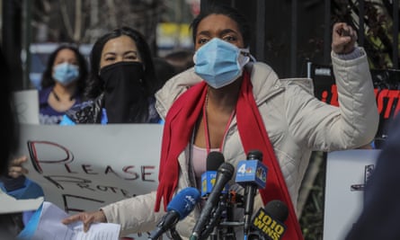 Patricia Armand, an anesthesia nurse at Montefiore medical center, speak during an ‘urgent community speak out’ and press conference, demanding N95s and other personal protective equipment on Thursday.