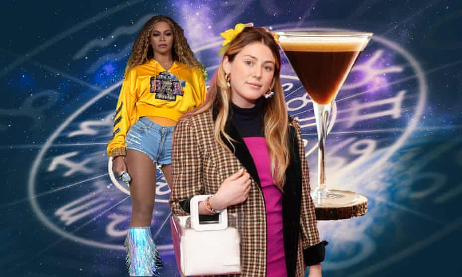 Composite photoshop of various 2010 ephemera, astrology, Caroline Calloway, Beyonce and an espresso martini