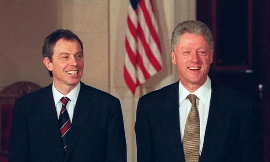 Tony Blair and Bill Clinton during a welcoming ceremony for the British PM at the White House in Washington on 6 February 1998.