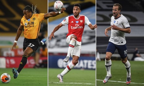 Wolves’s Adama Traoré, Pierre-Emerick Aubameyang of Arsenal and Tottenham’s Harry Kane. Composite: Jim Powell.