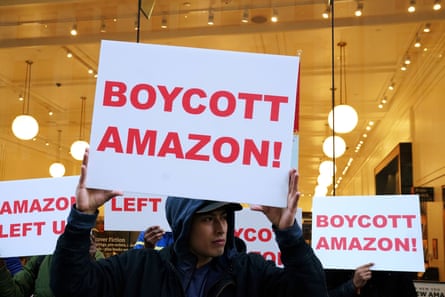 A protest in front of an Amazon store in Queens.