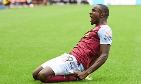Moussa Diaby of Aston Villa celebrates after scoring the team's first goal.