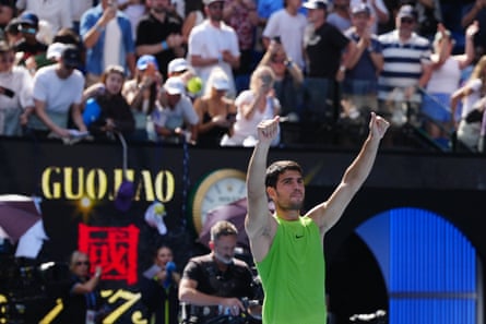Carlos Alcaraz celebrates after his fourth round win over Tommy Paul.