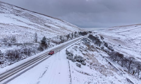 An icy stretch of road near the Cray reservoir in the Brecon Beacons, Wales
