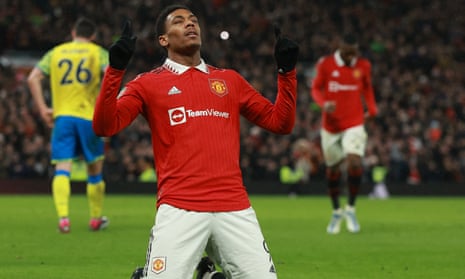 Anthony Martial celebrates scoring Manchester United’s first goal soon after coming off the bench.