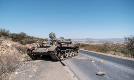 A damaged tank on a road north of Mekele, the capital of Tigray, in February 2021