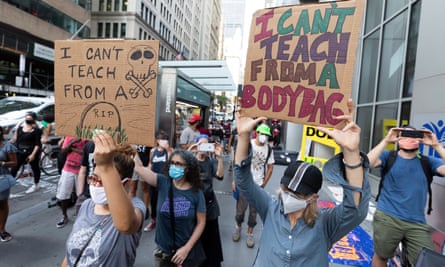 Teachers protest against school reopening amid coronavirus pandemic in New York on Monday.