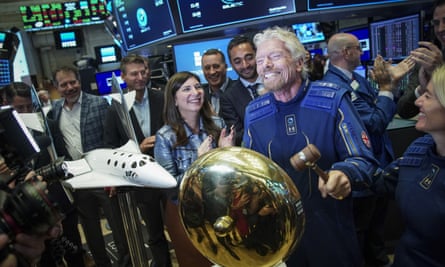 Richard Branson on the floor of the New York stock exchange after Virgin Galactic went public in October 2019.