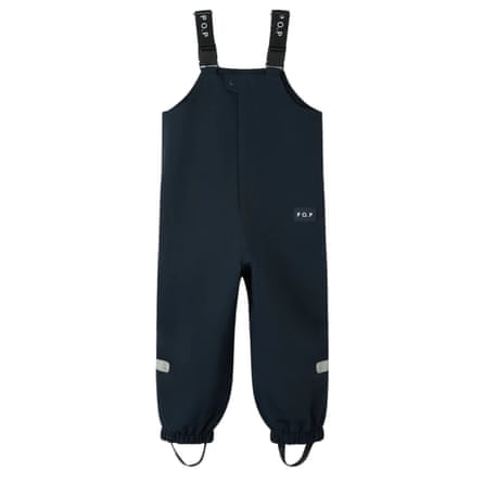 Navy blue shell trousers with adjustable straps, elastic ankle cuffs, and reflective strips