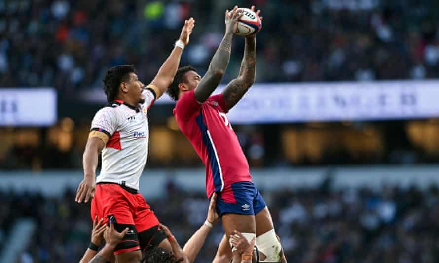 Courtney Lawes wins the ball at a lineout against Tonga.