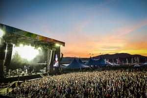 Pohoda Festival crowds at stage at dusk, band playing