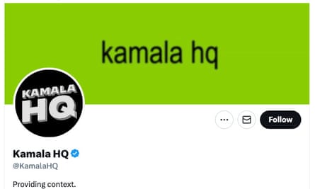 words ‘kamala hq’ in lowercase on green background at the top of the Kamala HQ twitter page