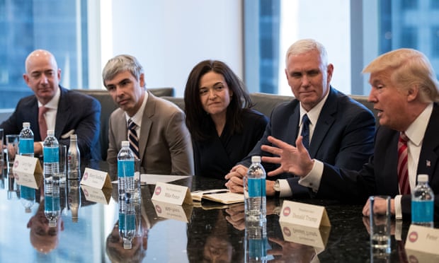 Trump held a meeting with tech leaders including Sheryl Sandberg of Facebook (center) and Larry Page of Alphabet/Google (second from left) in December. 