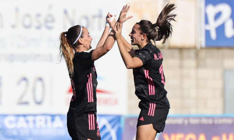 Kosovare Asllani (left) and the summer arrival Marta Cardona celebrate a Real Madrid goal against Real Betis this season.