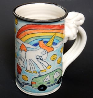The farting unicorn cartoon on one of Tom Edwards’ mugs. He wants Elon Musk to compensate him for the work.