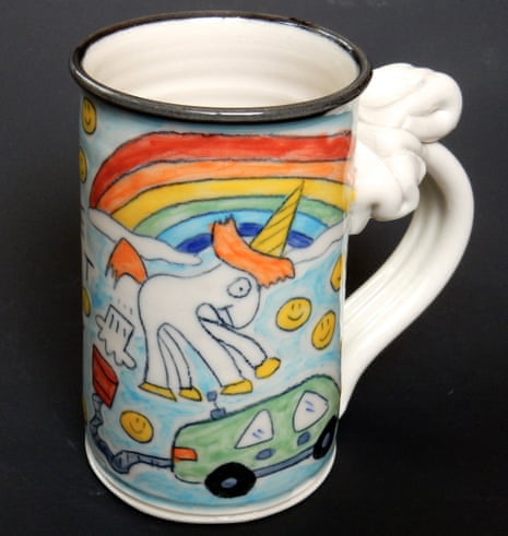 The farting unicorn cartoon on one of Tom Edwards’ mugs. He wants Elon Musk to compensate him for the work. 