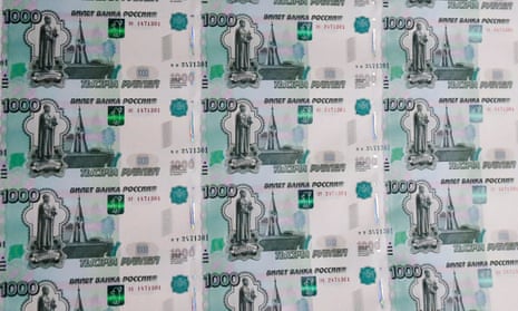 A sheet of 1,000 Russian rouble notes at Goznak printing factory in Moscow