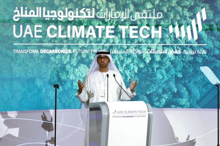 Sultan Al Jaber, chief executive of the UAE's Abu Dhabi National Oil Company (ADNOC) and president of this year's COP28 climate, talks during the "UAE Climate Tech" conference in Abu Dhabi Energy centre on May 10, 2023