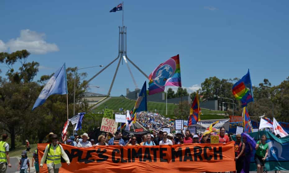 Climate change supporters during the People’s Climate March held in Canberra on Sunday.