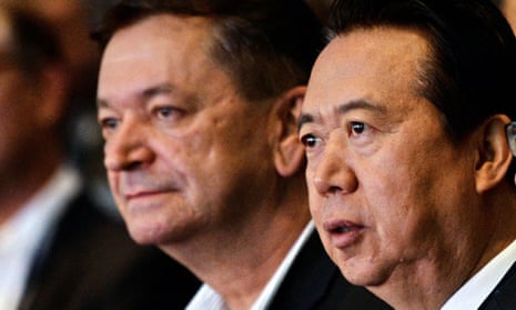 Interpol vice-president Alexander Prokopchuk (L) with the president, Meng Hongwei, in 2017