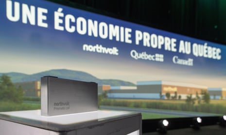 A prismatic cell on display prior to a 2023  announcement that Northvolt will build a new electric vehicle battery manufacturing plant near Montreal.