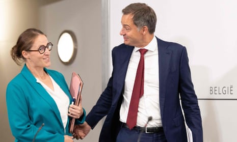 The Belgian state secretary for asylum and migration policy, Nicole de Moor (left), and the prime minister, Alexander De Croo, attend a press conference in Brussels on September 1 2023.