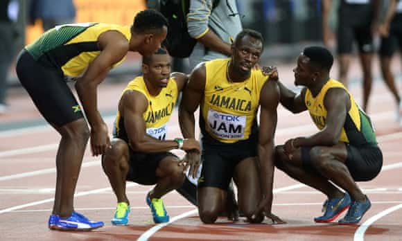 Julian Forte, Yohan Blake, Usian Bolt and Omar McLeod after the 4x100m race at the World Athletics Championships in London.
