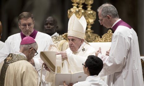 Pope Francis leads the ordination of four new bishops during a ceremony at the Vatican on 4 October 2019.