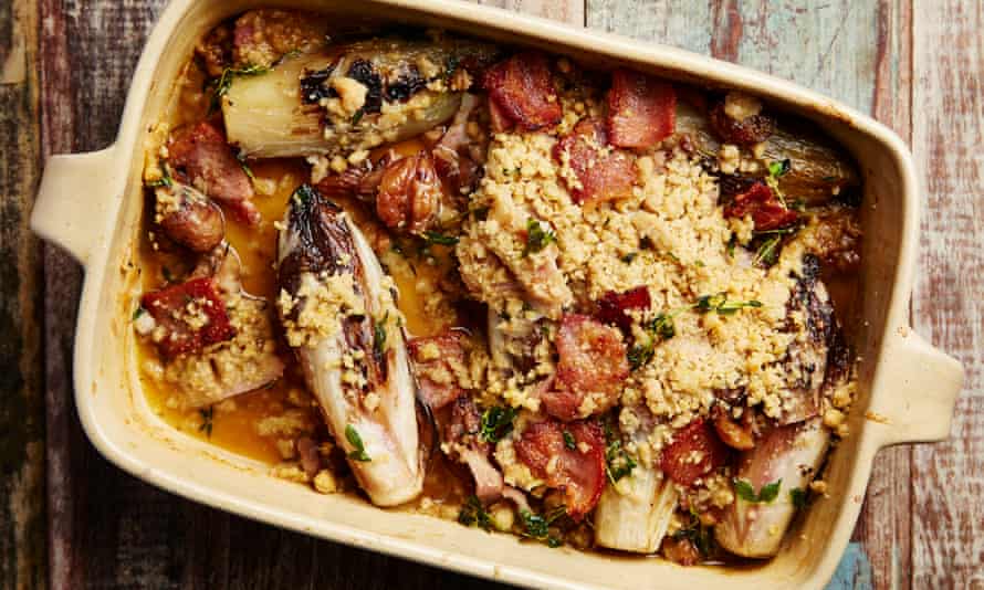 Braised chicory with chestnuts and bacon.
