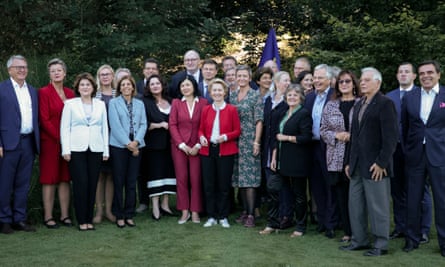 Incoming European commission president Ursula von der Leyen, centre front, with most of her cabinet, which comprises 13 women and 14 men.