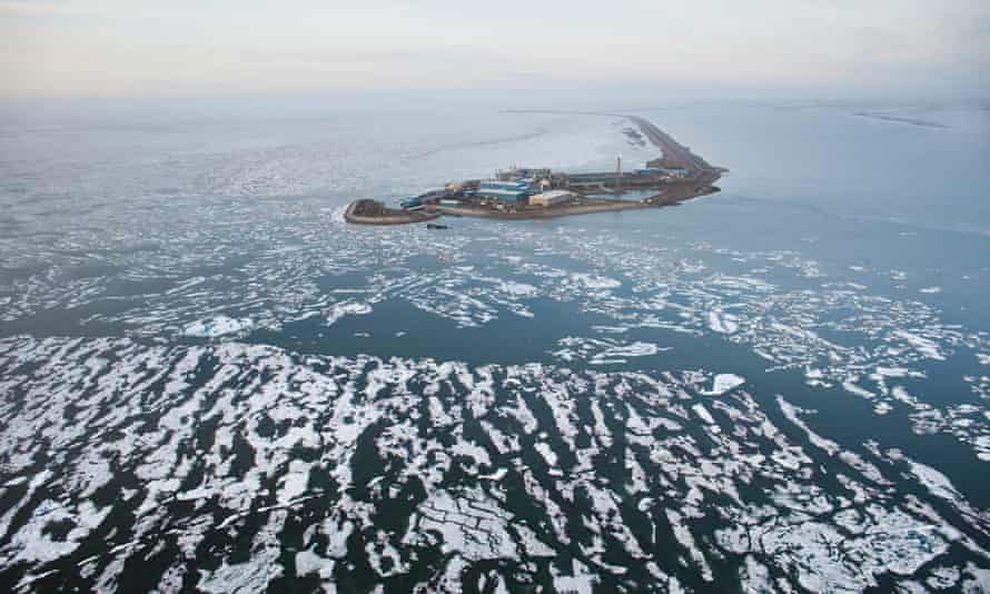 An oil well drilling platform is seen in Prudhoe Bay, Beaufort Sea, near Deadhorse, Arctic Alaska.