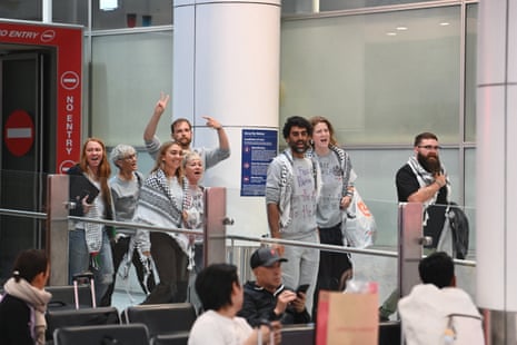 Australian members of the Gaza-bound Global Sumud Flotilla, which was intercepted by Israeli forces, arrive at Sydney Airport last month