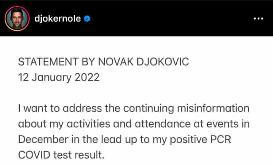 Novak Djokovic Instagram statement