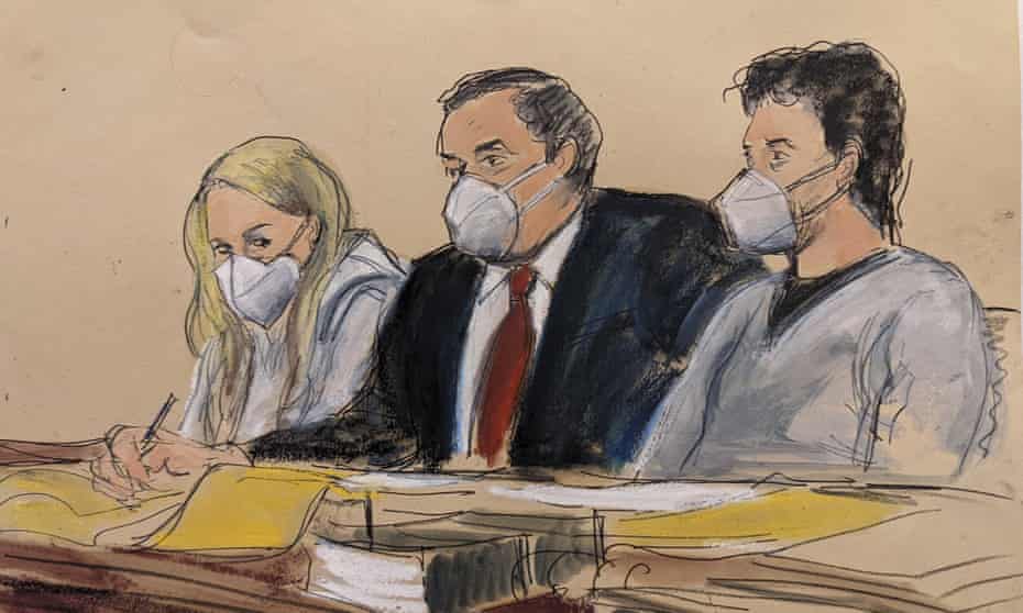 Attorney Samson Enzer, center, sits between Heather Morgan, left, and her husband, Ilya ‘Dutch’ Lichtenstein, in New York, as seen in a courtroom sketch.