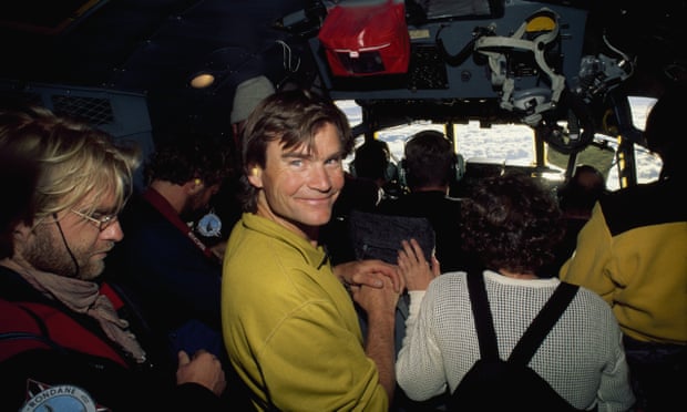 Alex Lowe and an expedition team in a plane above Queen Maud Land, Antarctica, in December 1996.