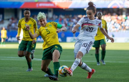 Janine van Wyk blocks a shot from Germany’s Lina Magull at the 2019 World Cup.