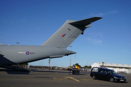 The coffin of Queen Elizabeth II arrives at Edinburgh Airport