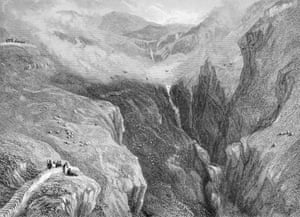 A drawing of Rhaeadr y Cwm near Ffestiniog, circa 1830.